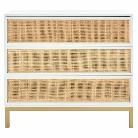 SAFAVIEH Zadie 3 Drawer Chest - White Frame; Natural Rattan & Gold Legs CHS5004B